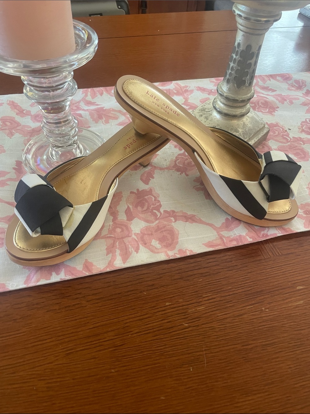 kate spade Black and White Striped Bow Slide Mules with Gold Footbed